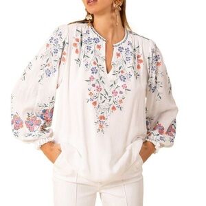 Hale Bob White Blouse with Floral Embroidery